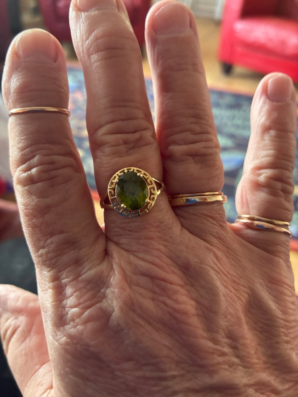 14k Gold Peridot Greek Key Ring 
Size 9